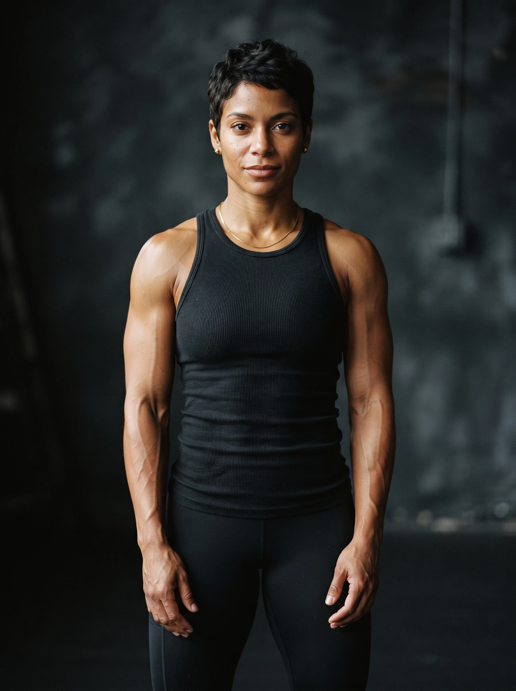 A strong, muscular woman posing in a dark minimalist studio