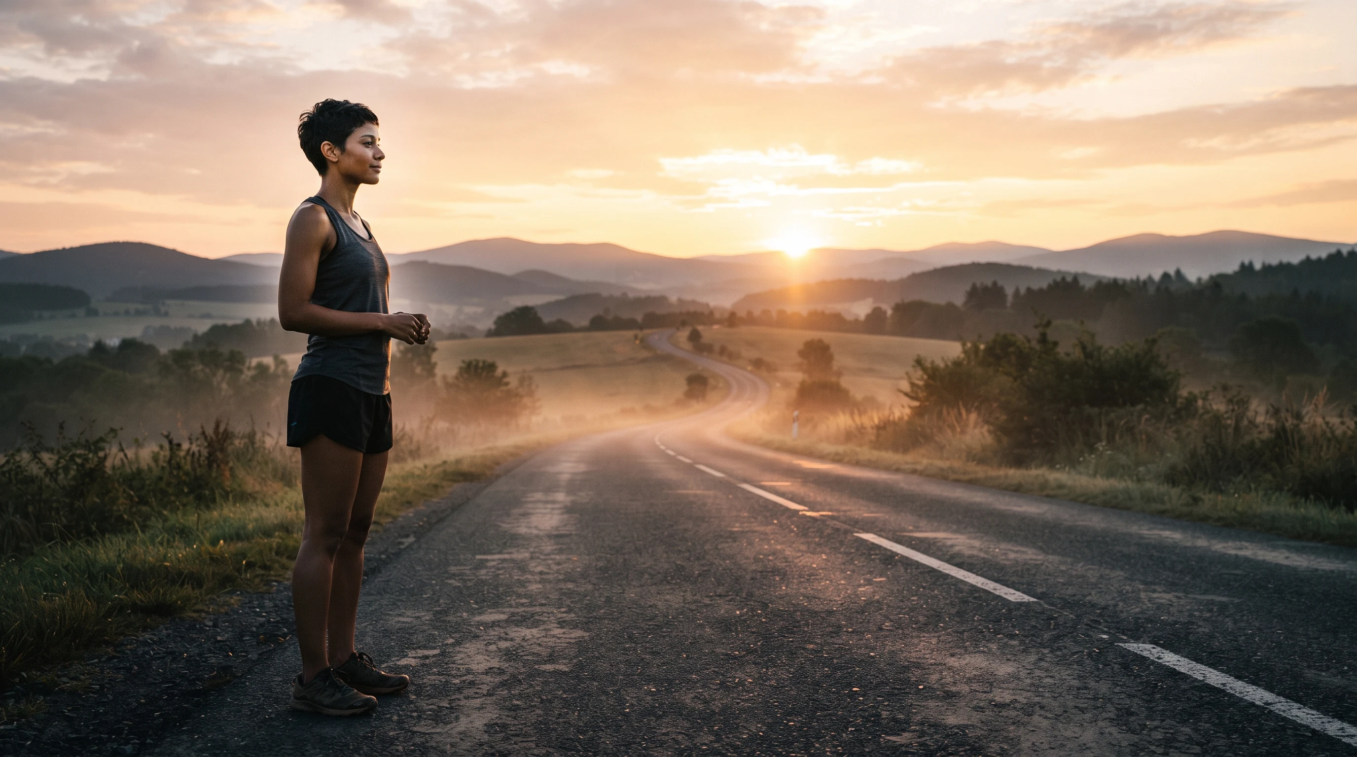 A woman on a misty road at sunrise