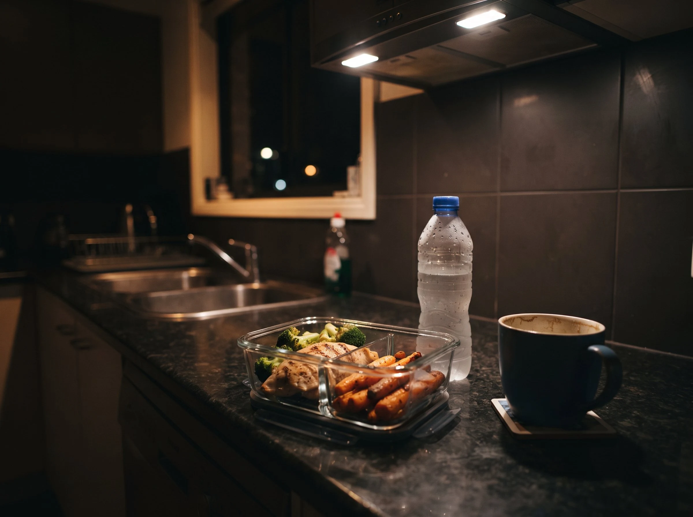 Packed meal and unwashed mug on the kitchen counter at night