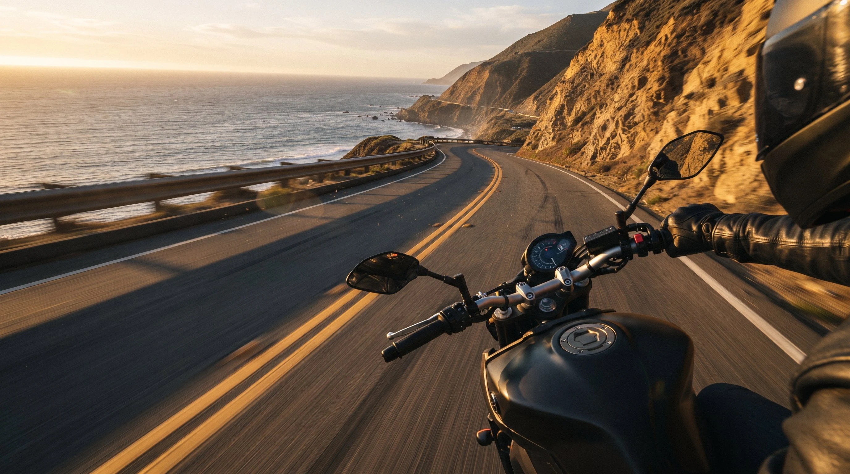 First-person view riding a motorcycle along a winding coastal highway at golden hour